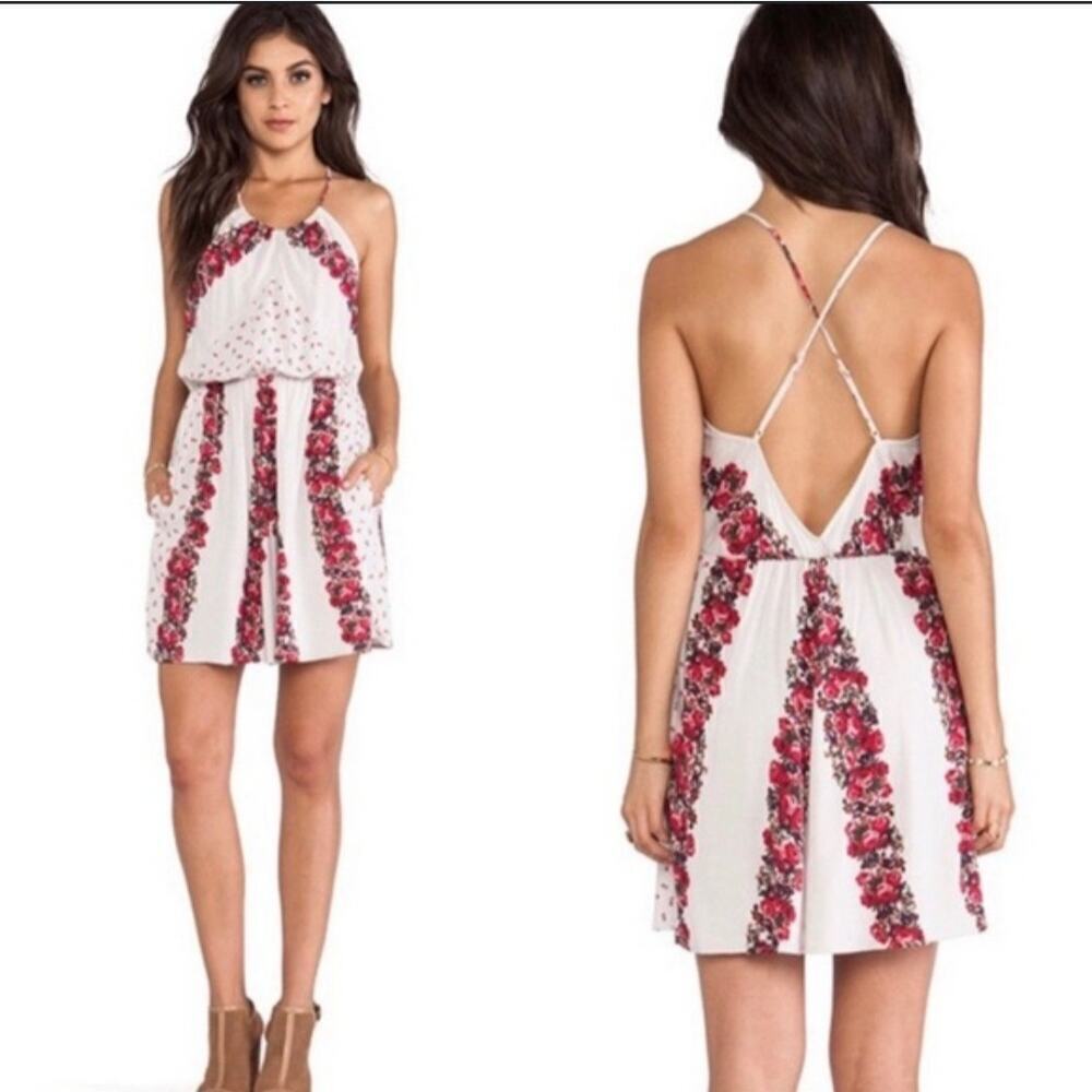 Free People Simona Floral Roses Midi Backless Halter Dress WITH POCKETS Size M